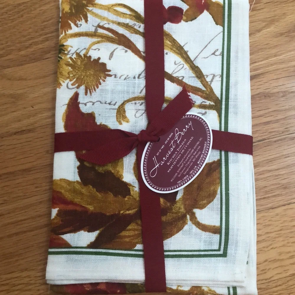 Williams Sonoma Harvest Berry Kitchen Towels with Burgundy Accent Retired 2008